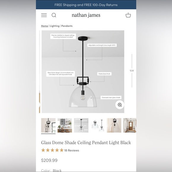 Nathan James Matte Black Vincent Pendant Light with Clear Glass Shade - Picture 1 of 3